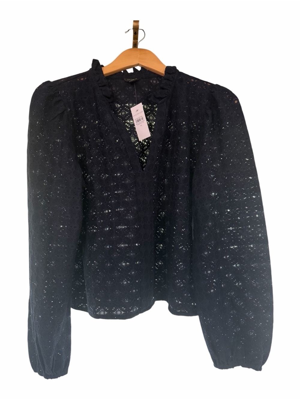 Ann Taylor Navy Lace Eyelet V-Neck Long Sleeve Top